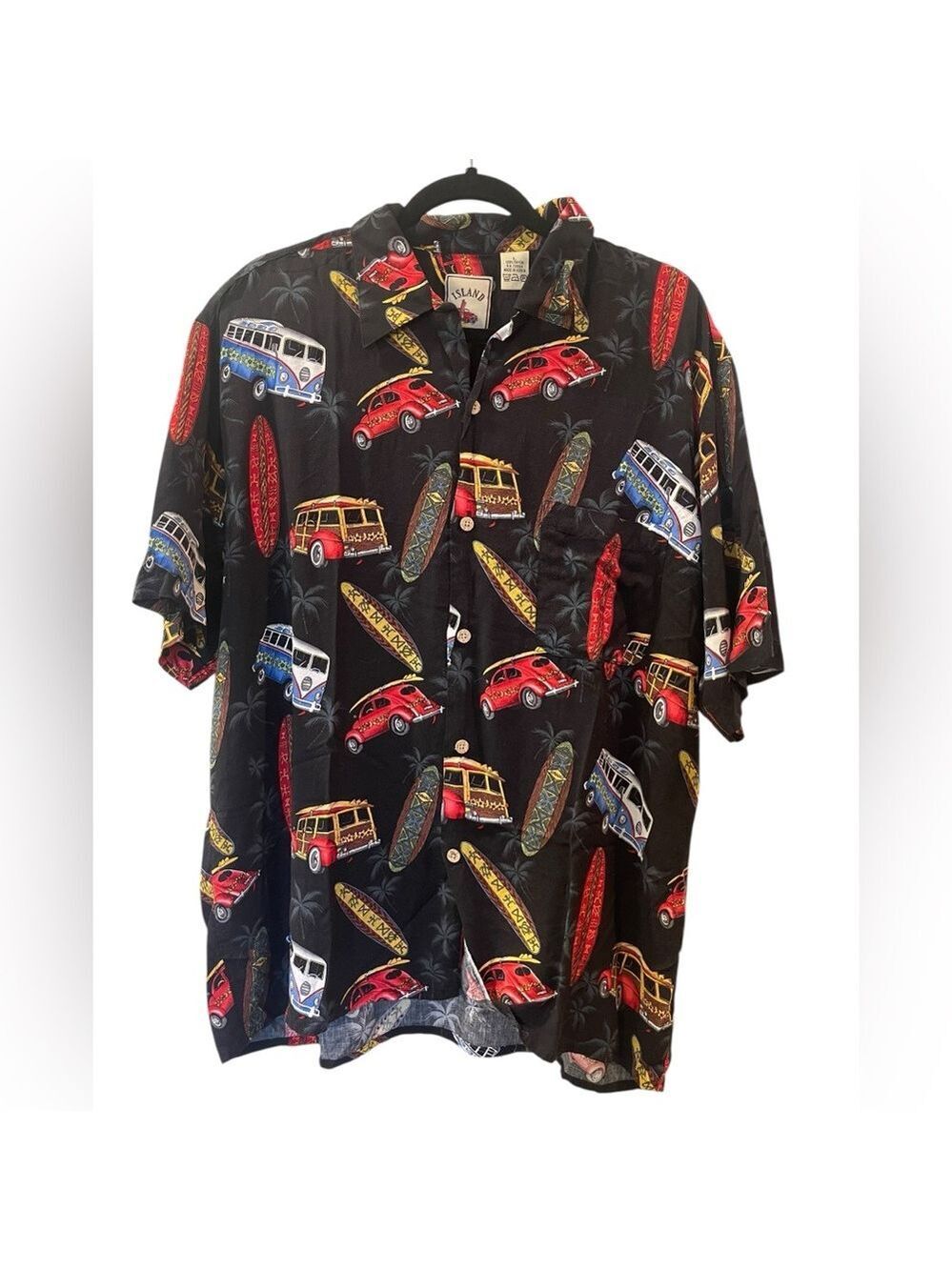 Island Collection Men’s Hawaiian Shirt Black Volkswagen Surfboard Size: Large